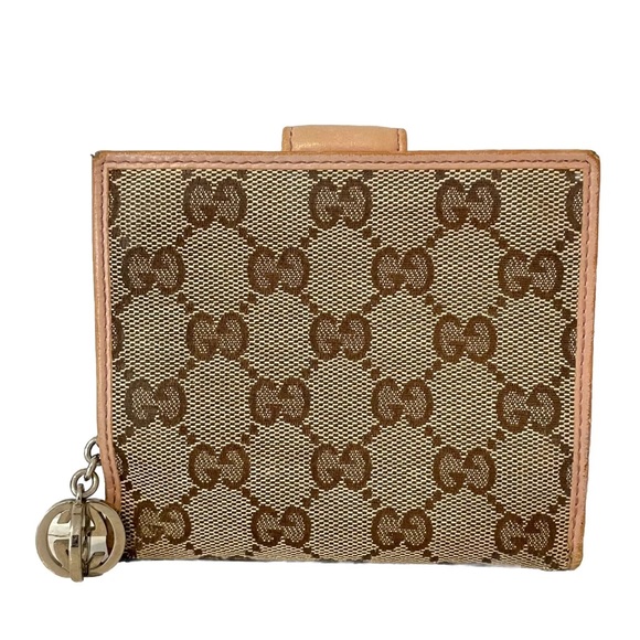 Unique GUCCI GG Bi-Fold Wallet Pink Leather & Tan Canvas w/Box GLOBE ZIPPER PULL - Picture 5 of 16
